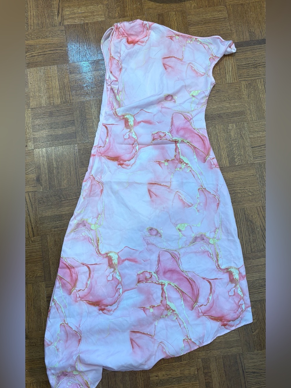 Pink Marble-Print Midi Slip Dress with Gold Accents